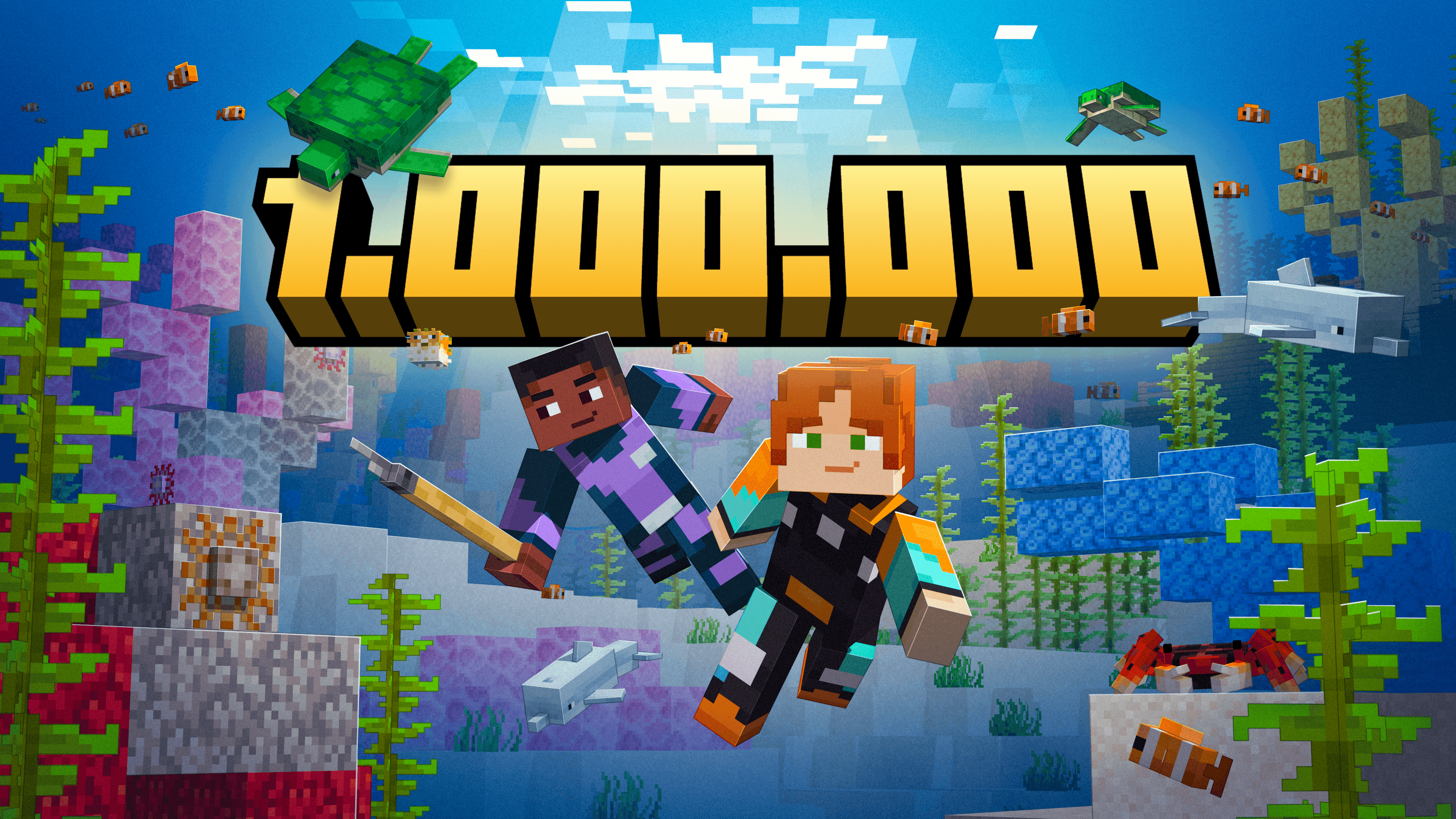 2 players swimming in a Minecraft ocean surrounded by Minecraft mobs and a title saying "1.000.000"
